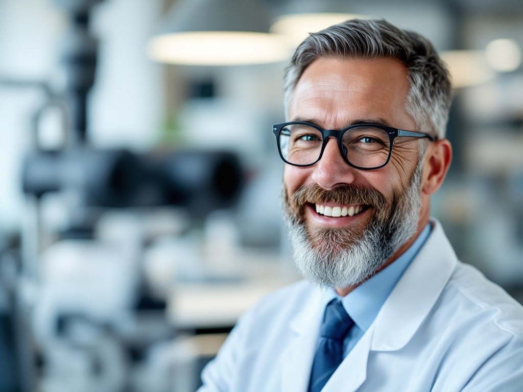 Smiling man in a lab coat with glasses, standing in a laboratory setting with equipment in the background.