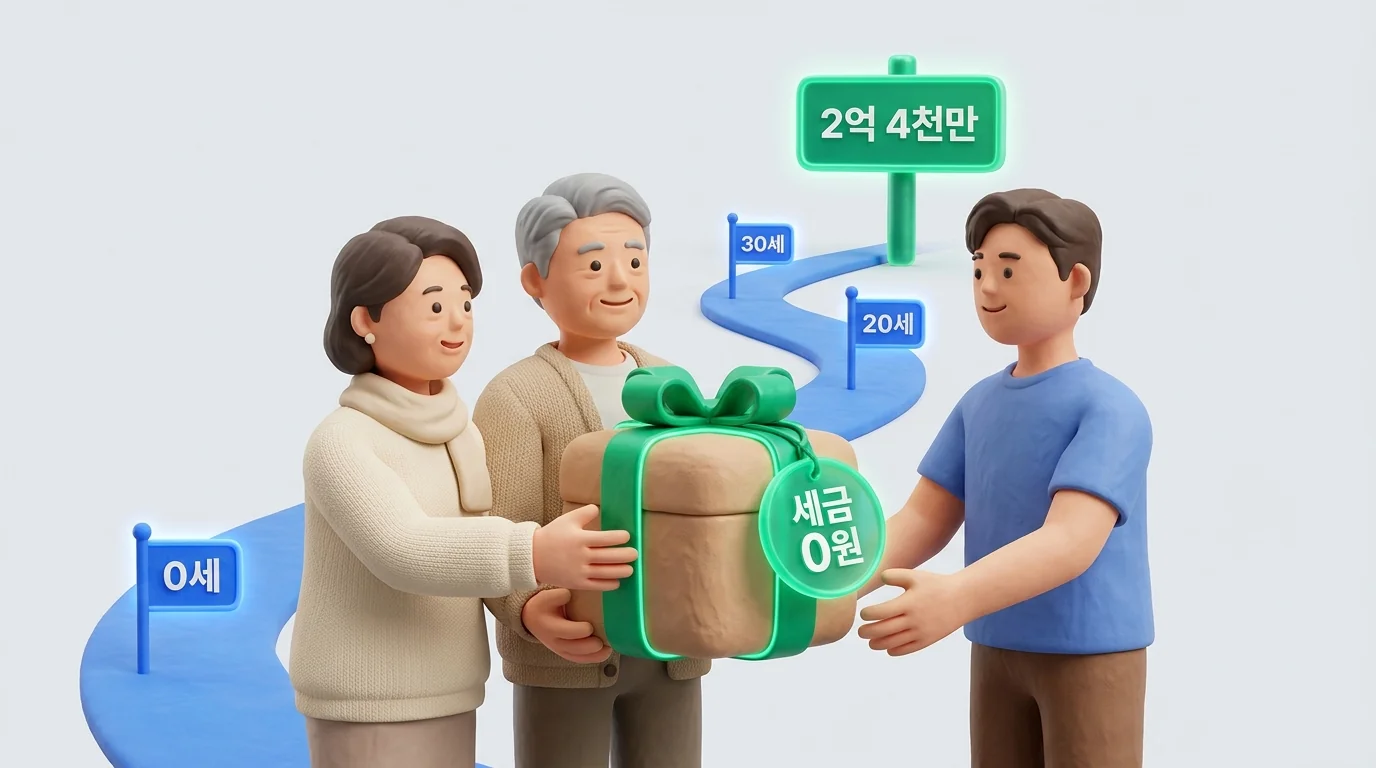 자녀 증여세 면제한도: 부모가 자녀에게 세금 0원 선물상자를 건네는 10년 주기 설계 장면