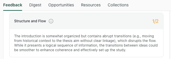 thesify Introduction feedback showing Structure and Flow scored 1/2 with notes about abrupt transitions and the need for smoother linkage between ideas