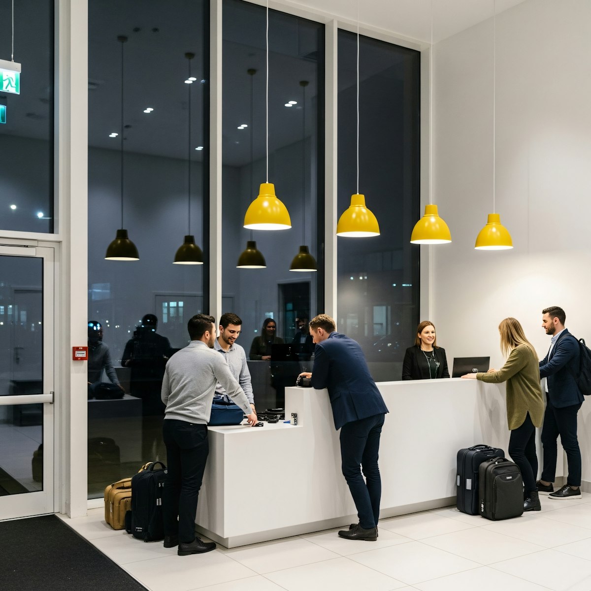 A business hub interior with people in it