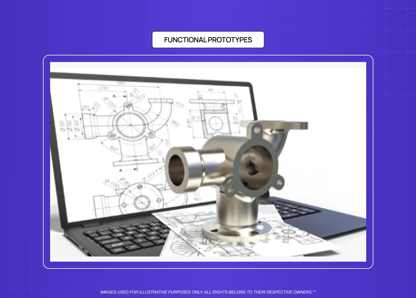 A working mechanical component displayed alongside engineering drawings, demonstrating form and functionality.