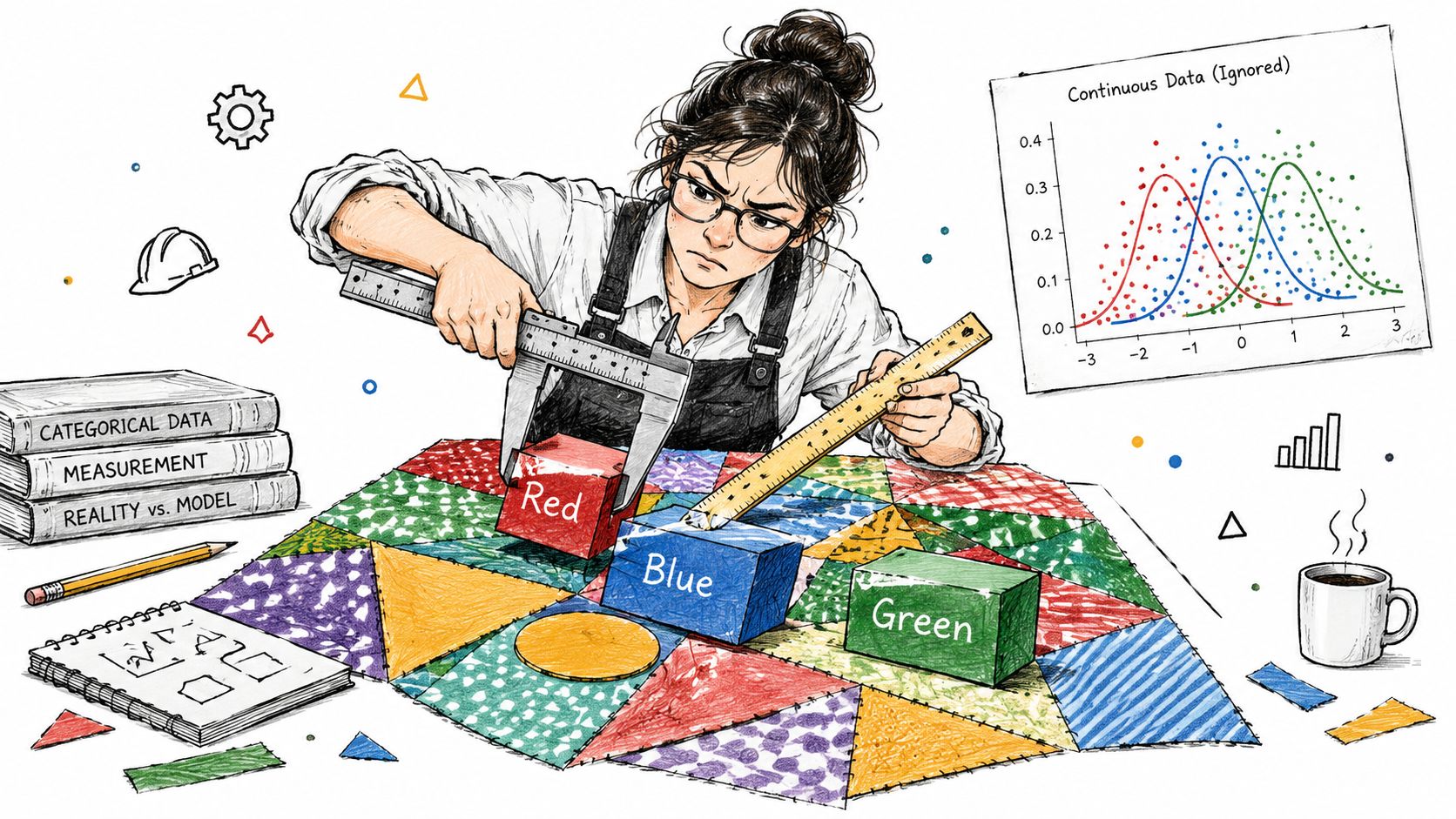 A focused researcher measuring colored blocks with calipers on a patterned surface representing categorical data analysis.