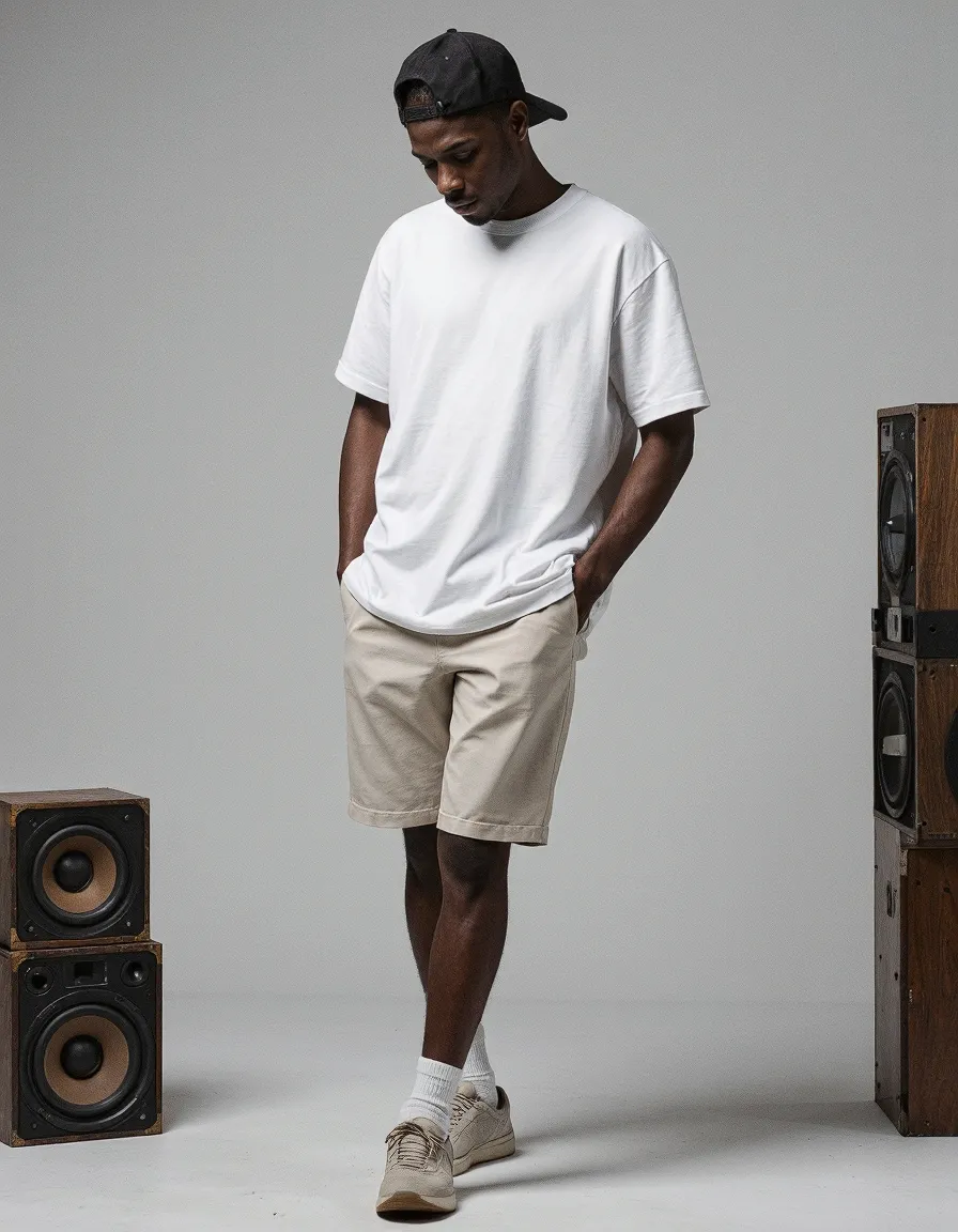 Man in white tee and beige shorts with black cap in minimalist street style fashion photography setup