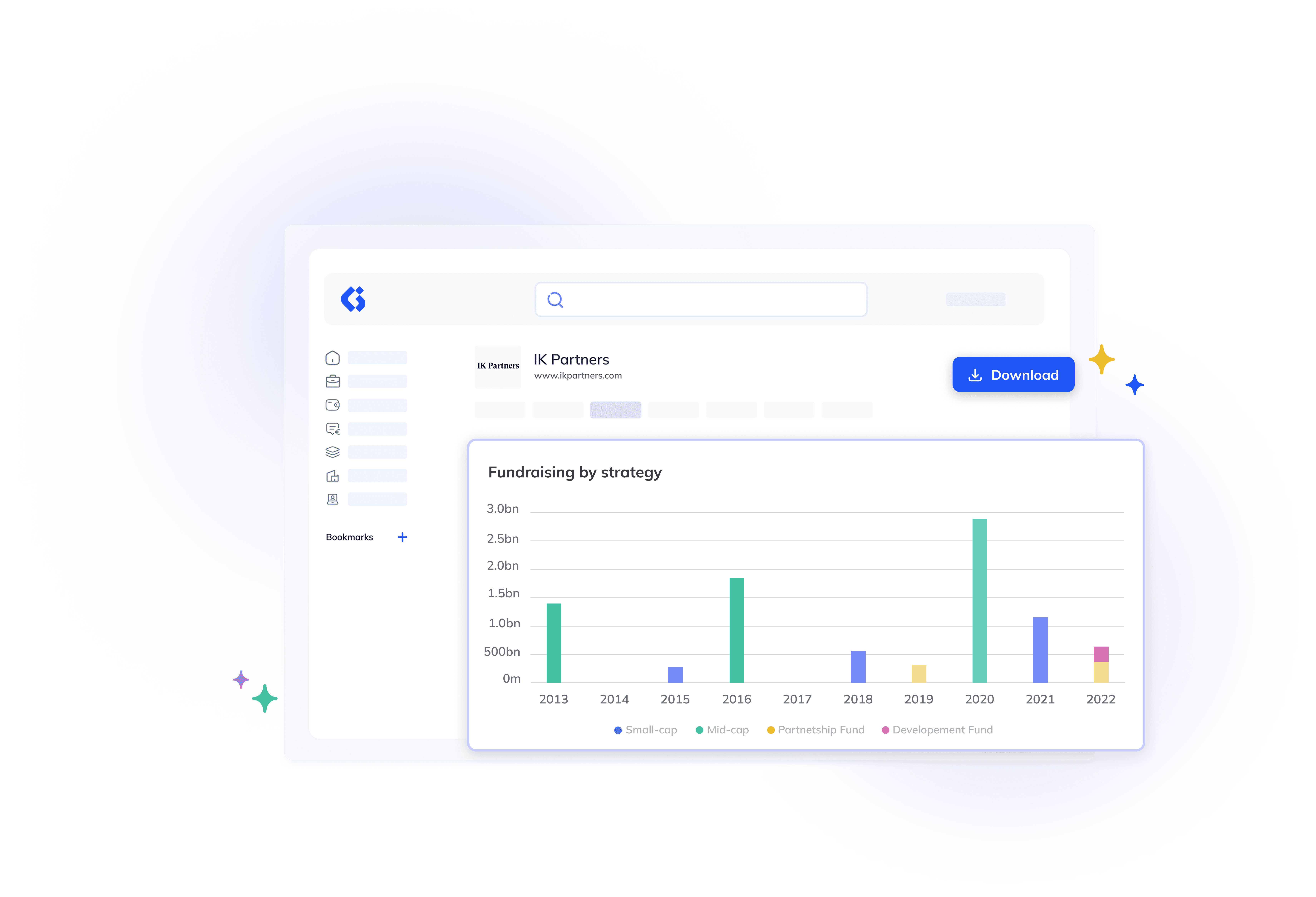 A digital dashboard displays a fundraising by strategy bar chart from 2013 to 2022, categorized by color, with a blue Download button visible.