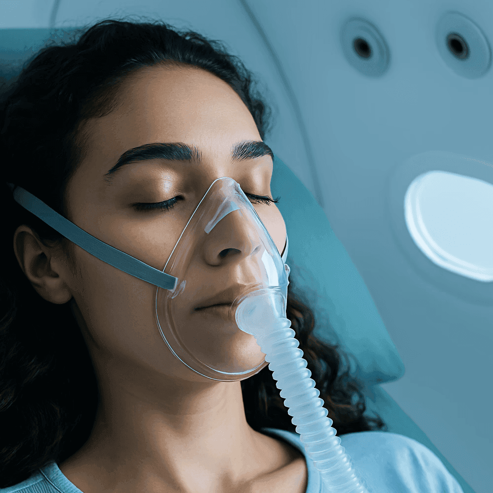 Woman wearing oxygen mask in a hospital setting for medical treatment.
