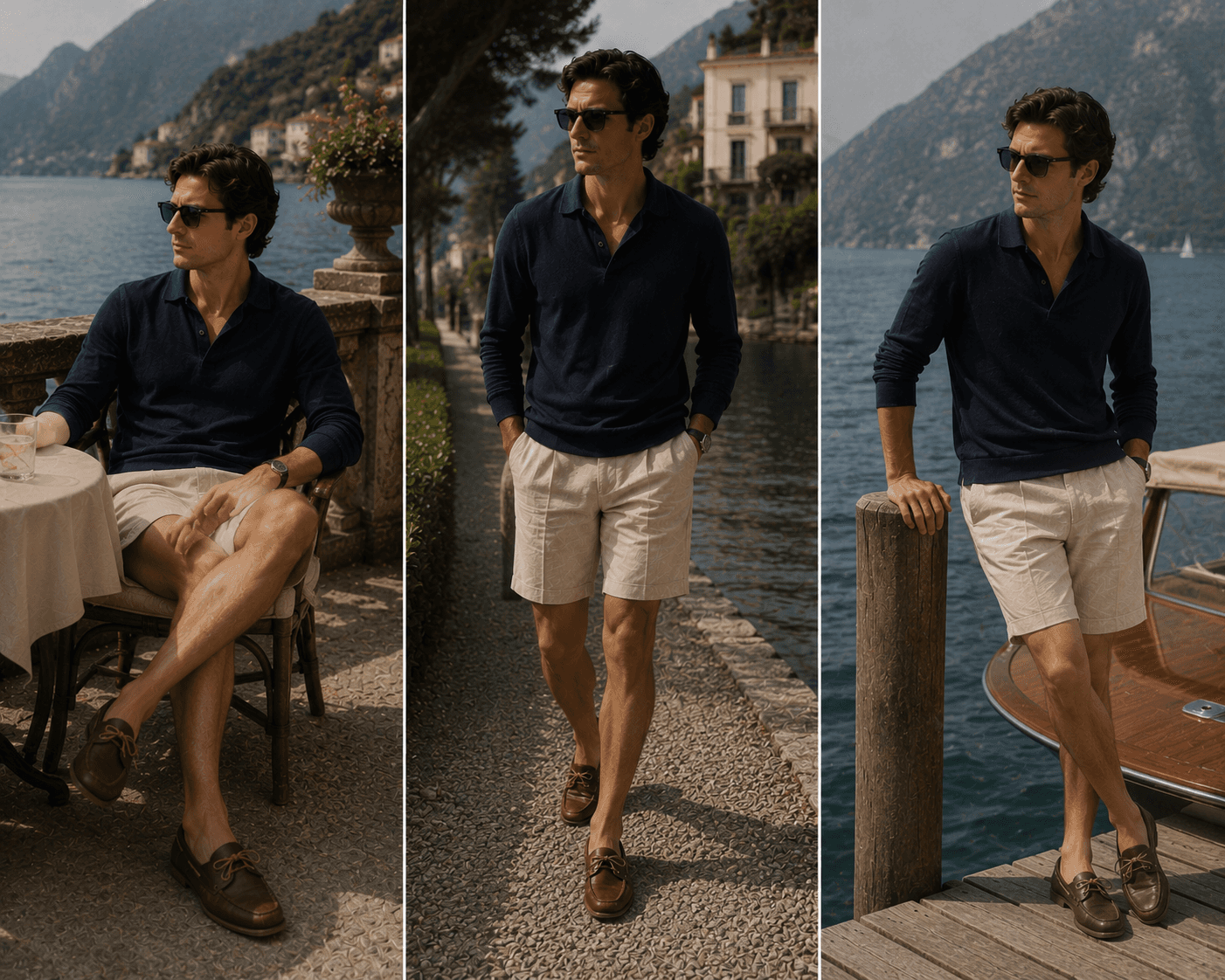 A three-panel full-body fashion lookbook featuring a male model in an elegant resort wear outfit along an Italian lakefront promenade. He wears a long-sleeve navy blue knit polo shirt, tailored high-waisted beige linen shorts, dark brown leather boat shoes, and dark sunglasses. The left panel shows him seated relaxed at a bistro table with a glass. The middle panel shows him walking along a paved waterfront pathway. The right panel shows him leaning casually against a wooden mooring post on a boat dock with a classic wooden boat in the background.