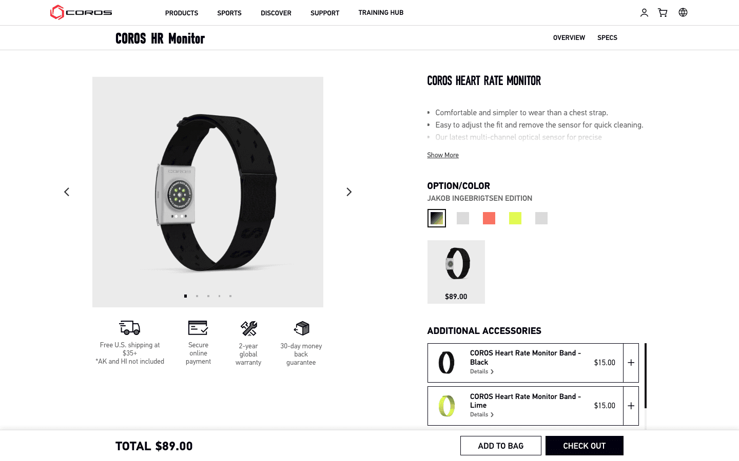 COROS Heart Rate Monitor product page showing the device and $89 price