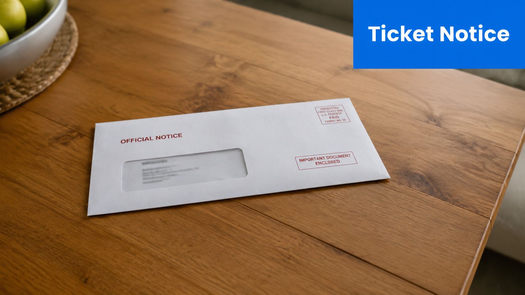 A white official notice envelope lying on a wooden table, suggesting a traffic ticket or legal document.