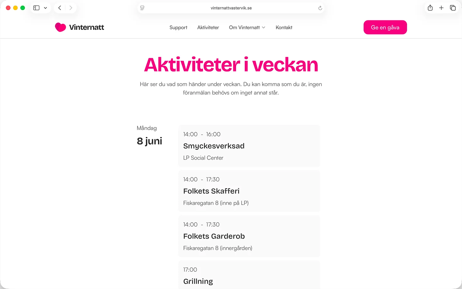 Veckokalender på Vinternatt Västerviks hemsida som visar aktiviteter med tider och platser.