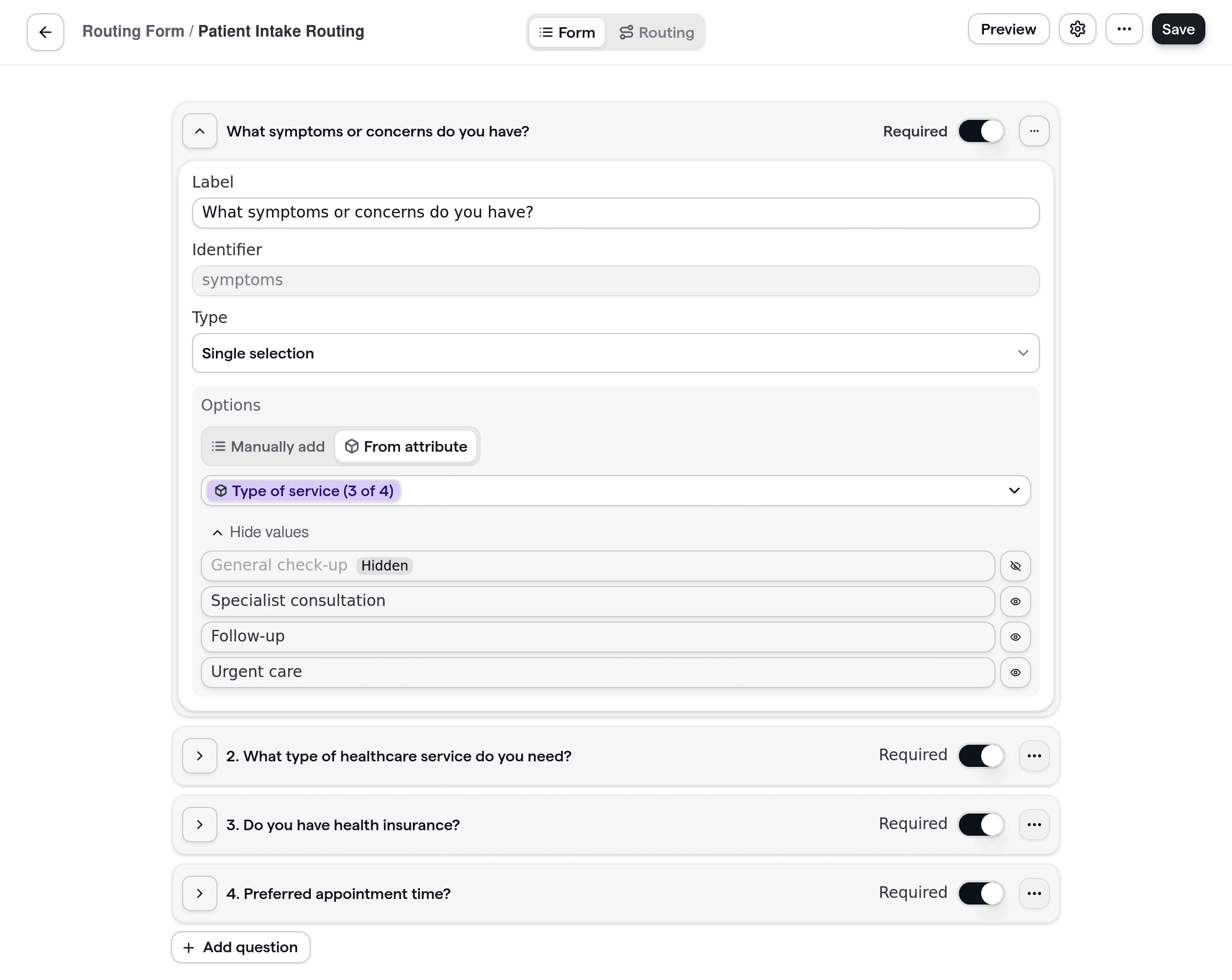 Cal.com routing form showcasing patient intake questions, such as symptoms, insurance, and care type, tailored for healthcare scheduling.