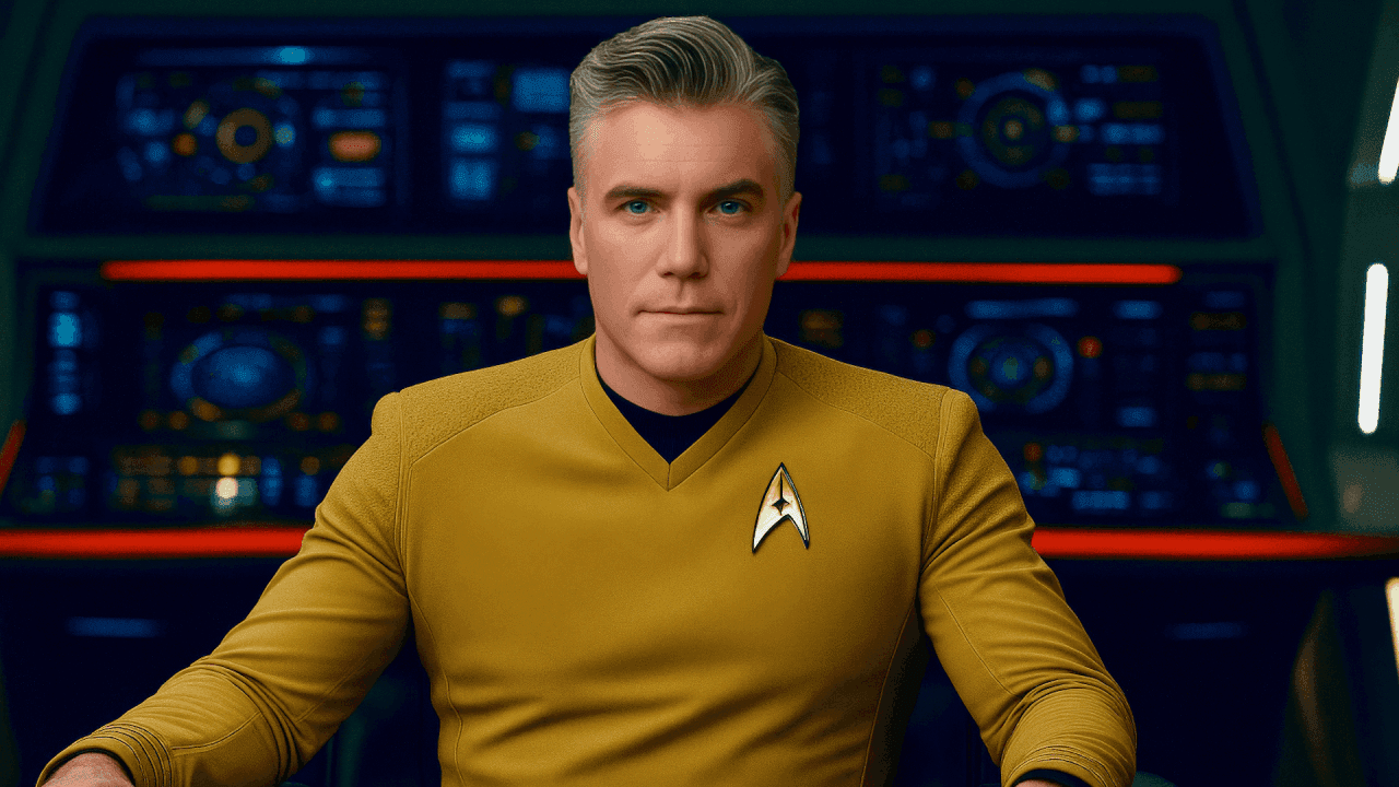 Captain Pike seated on the U.S.S. Enterprise bridge in uniform, exuding calm authority and focus.