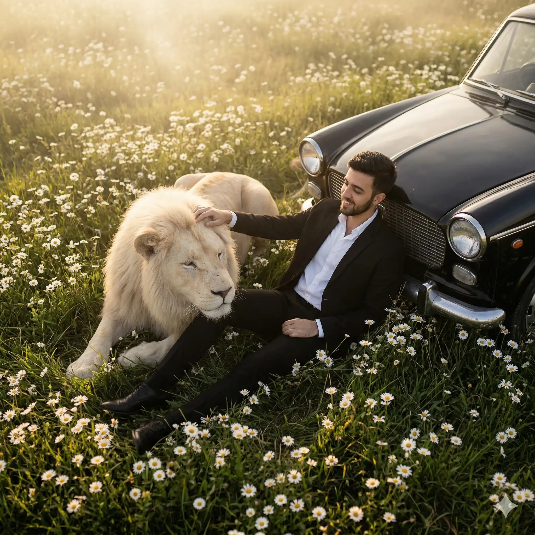 AI-generated image of a man in a black suit sitting in a field of daisies petting a white lion next to a classic black car. Created for the AI marketing portfolio of Mahendra R.