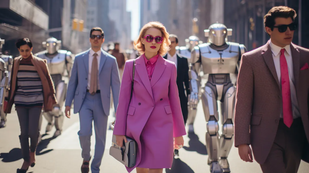 A young woman walks down an urban street filled with other people and a robot