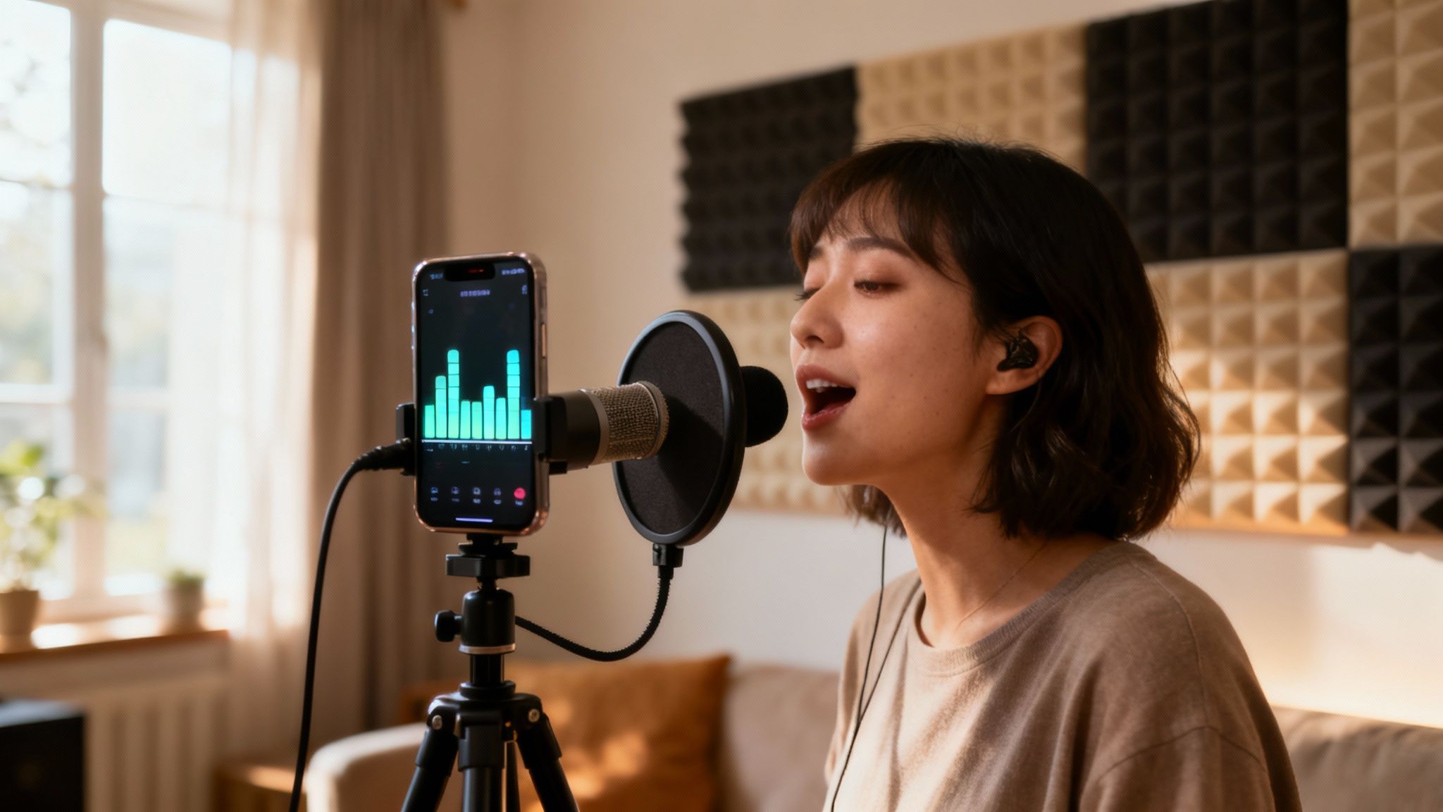 A person holding a smartphone and singing into its microphone in a quiet room, focused on recording vocals for a song.