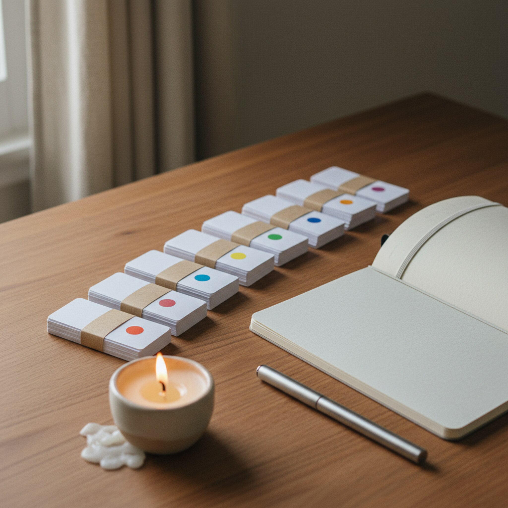 Auf einem Holzschreibtisch liegen sechs sauber gebündelte Karten mit kleinen farbigen Punkten, die Etappen markieren. Daneben ein schlichtes Heft mit elastischem Band und ein Stift. Eine Kerze brennt leise. Die Szene suggeriert ein klar aufgebautes Programm mit greifbaren Meilensteinen.