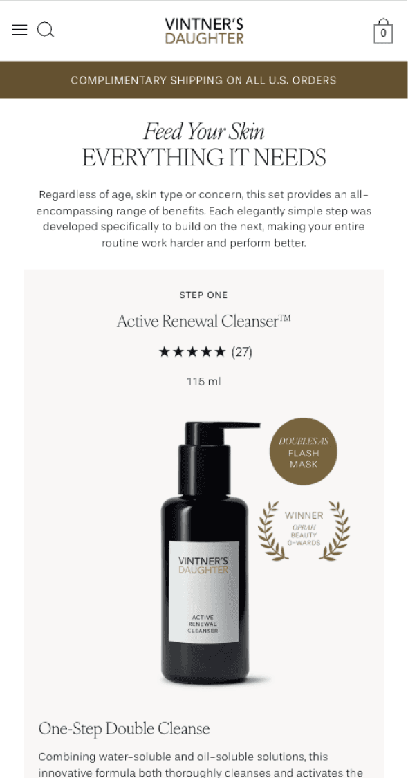 Mobile skincare product page highlighting Active Botanical Serum