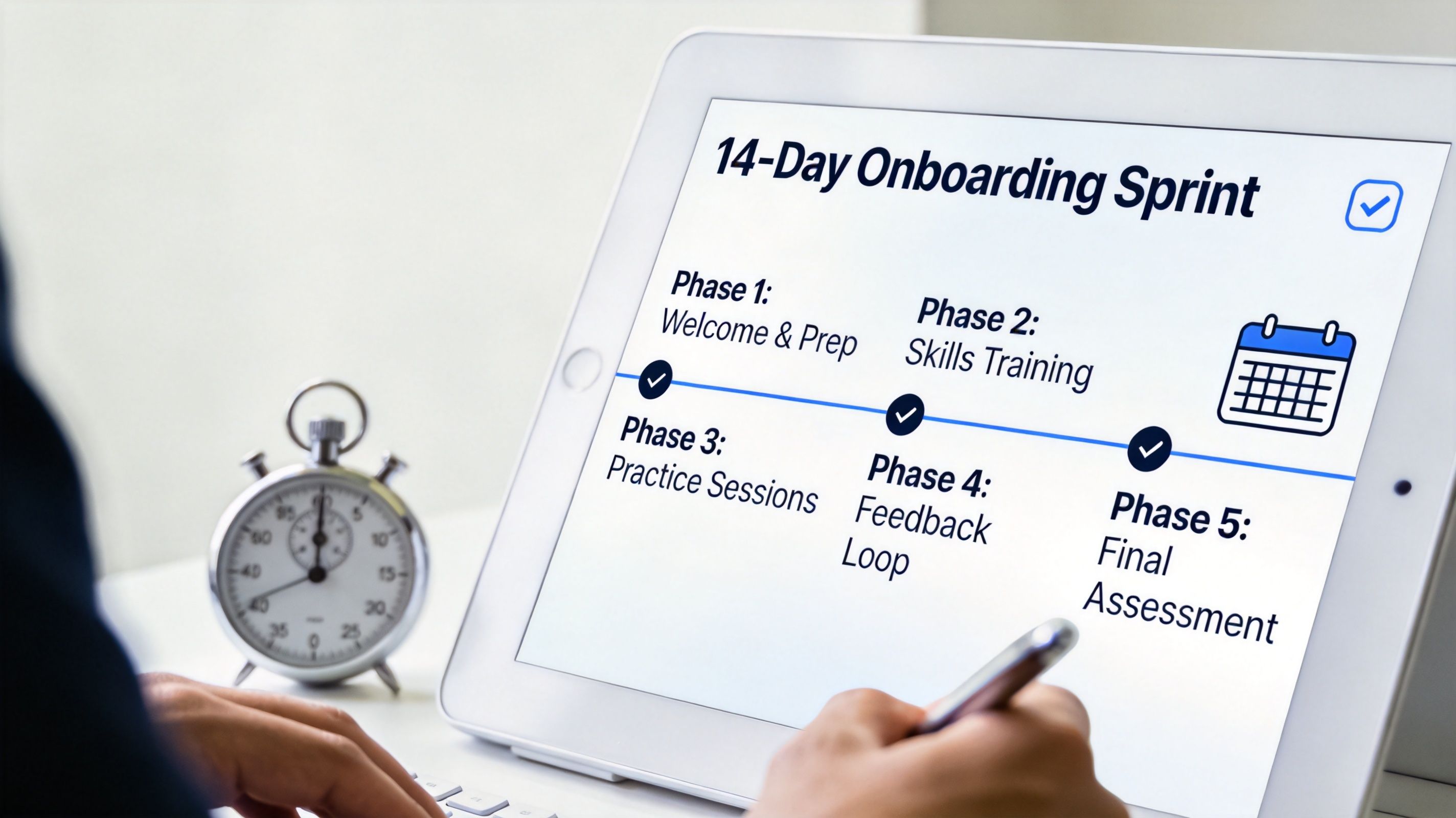A person using a digital tablet to review a five-phase 14-day onboarding sprint plan at a desk.
