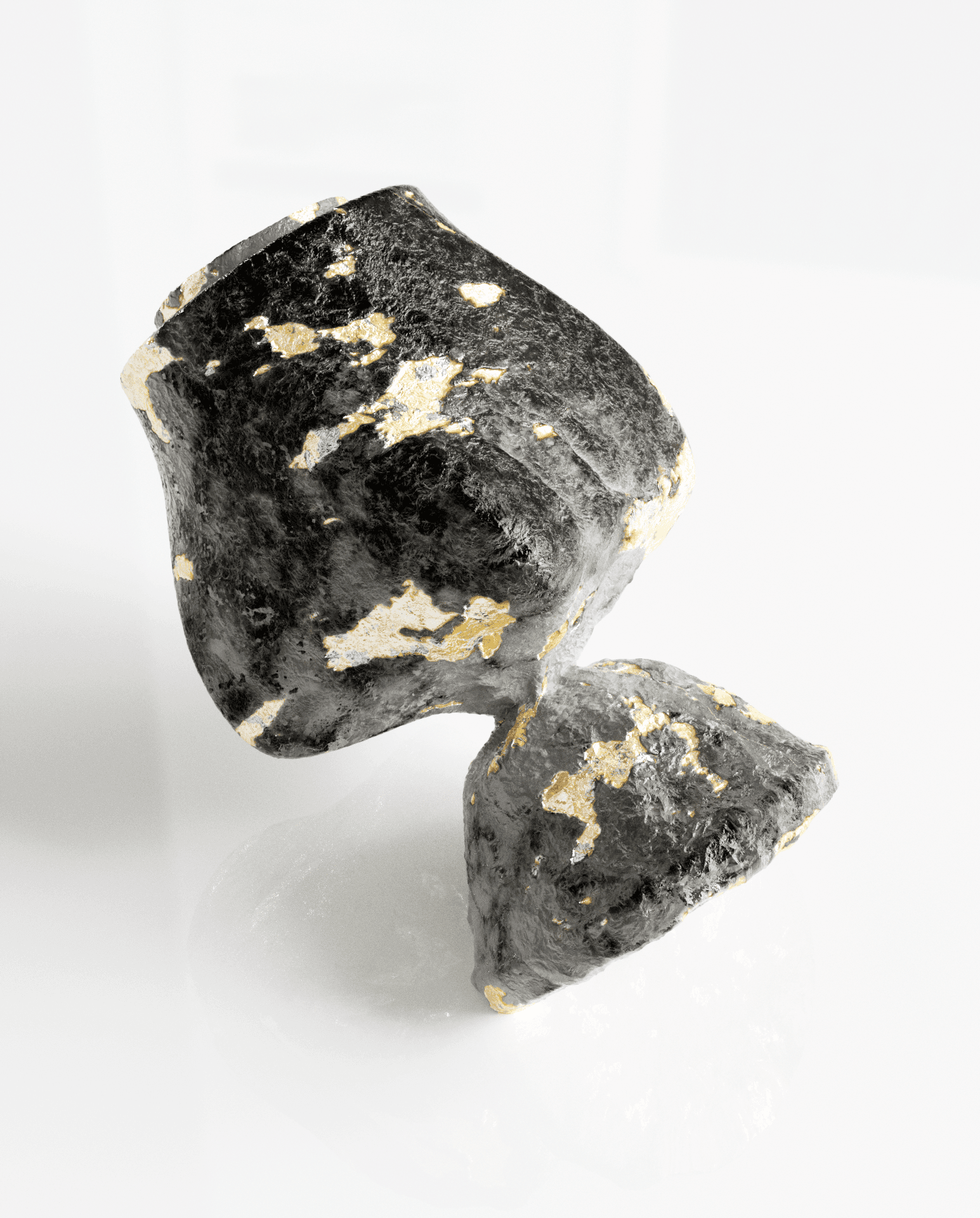 3D rendered abstract sculpture of two black stone forms with gold mineral veining balanced together on a white surface