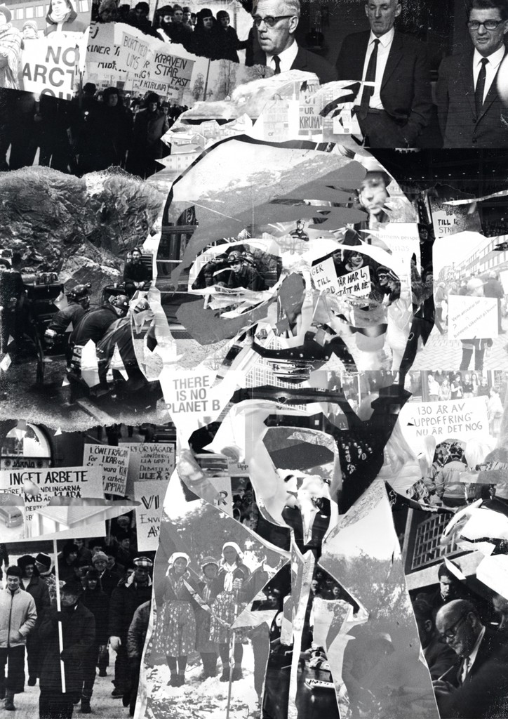 A collage following the events of the 1969 miners strike in Sweden