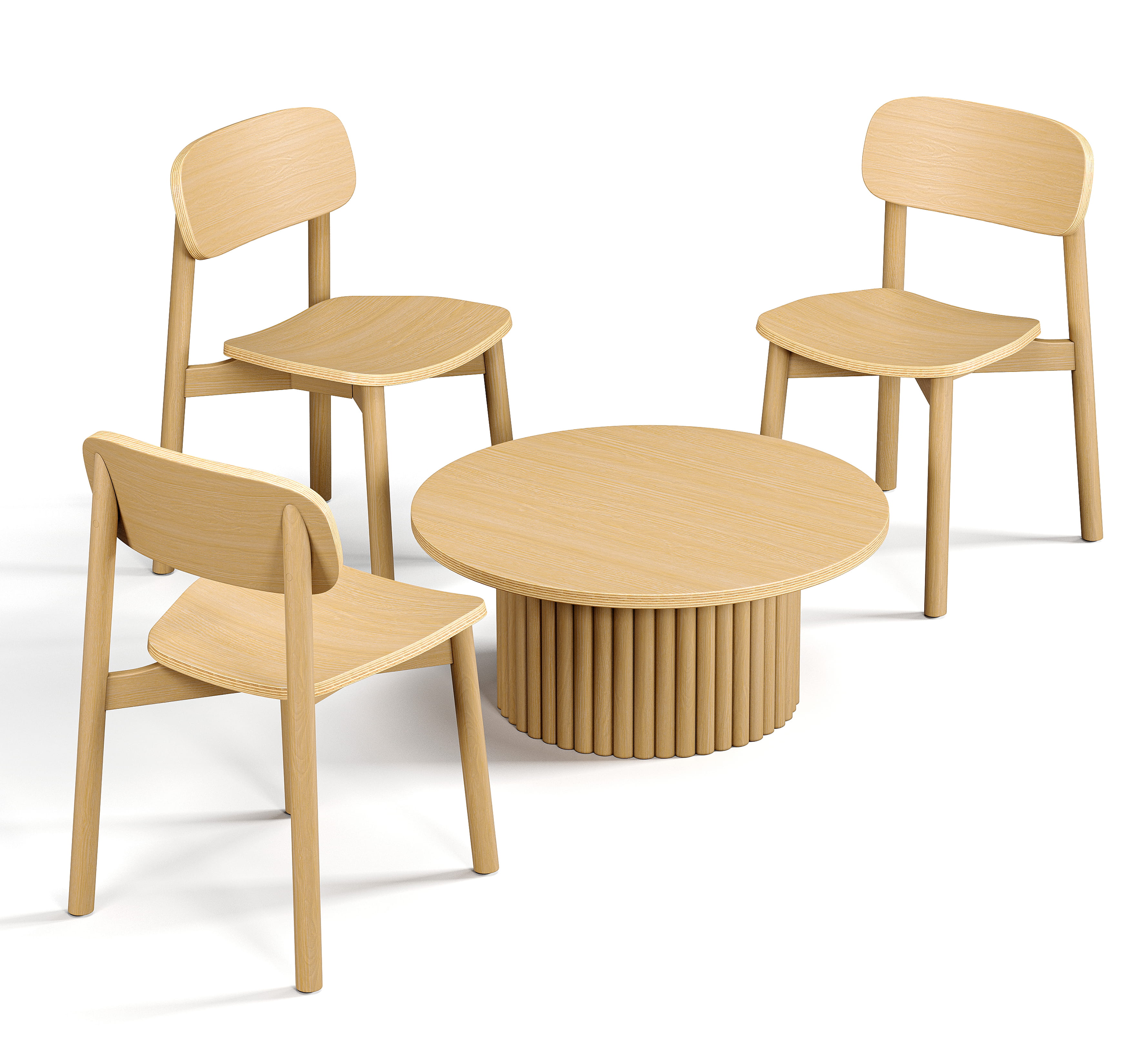 Wooden round table with ribbed base and matching dining chairs