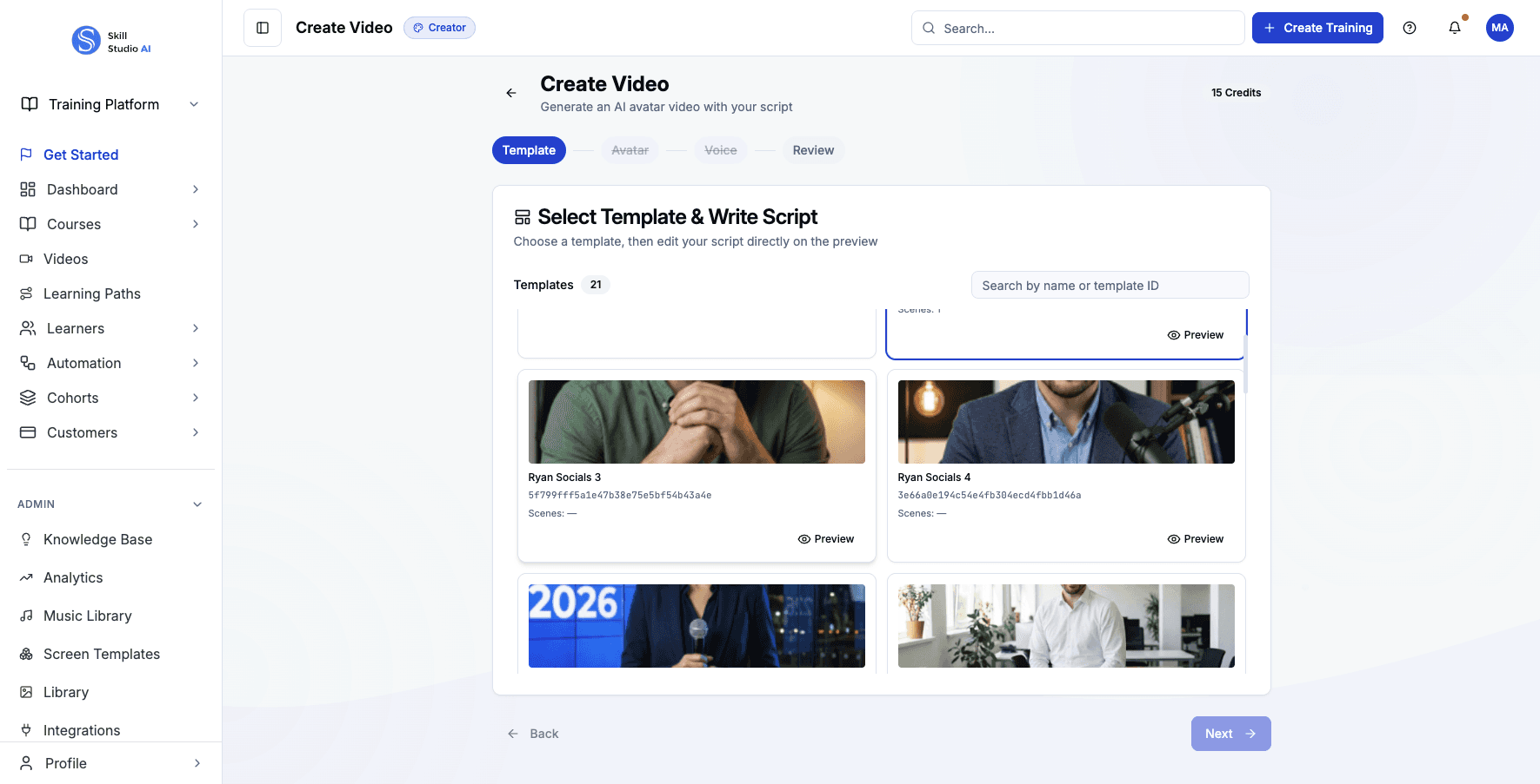 Select a template from the gallery to customize the video design.