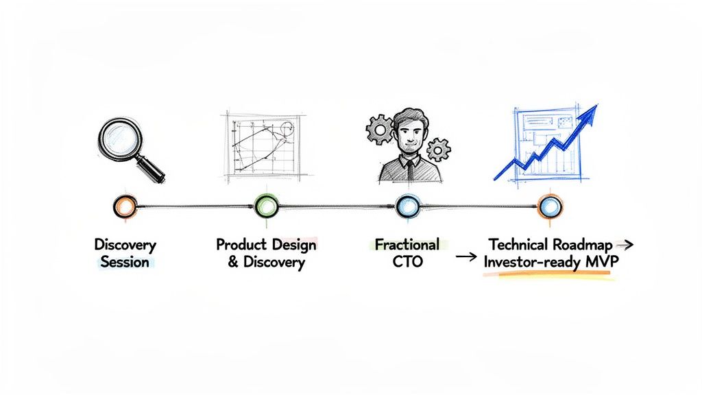 A visual timeline illustrating the four stages of app development: Discovery, Product Design, Fractional CTO, and Investor-ready MVP.