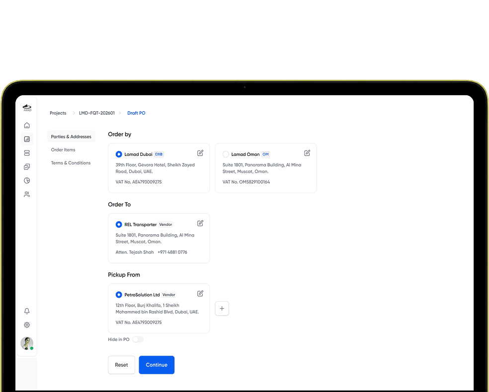PO draft — parties and addresses