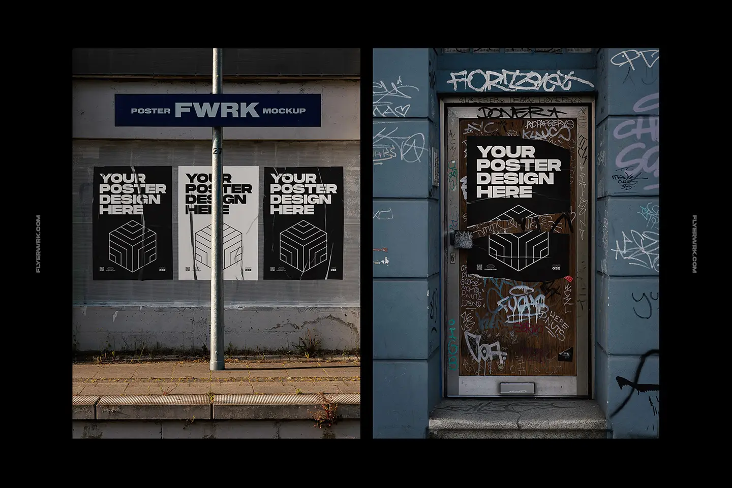 Urban poster wall mockup with street posters and pedestrian walking past