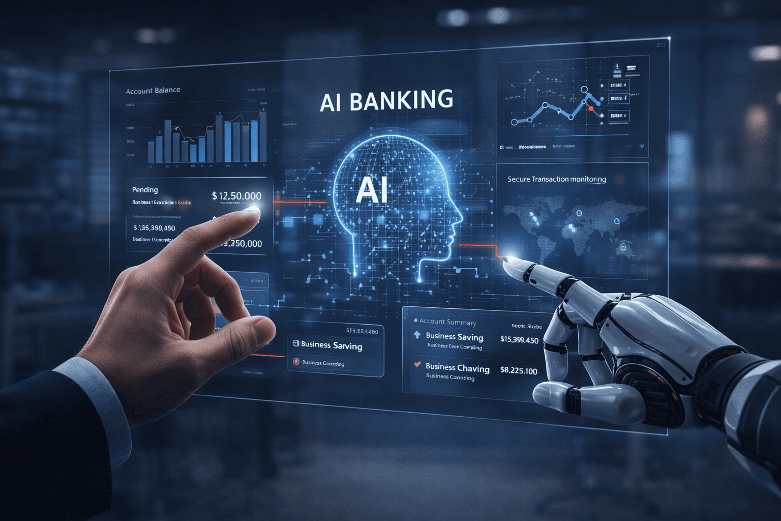 Tampilan layar transparan bertema AI Banking dengan grafik saldo, analitik transaksi, dan monitoring keamanan. Tangan manusia dan tangan robot menunjuk ke antarmuka digital dengan ikon kepala berbentuk jaringan AI di tengah layar.