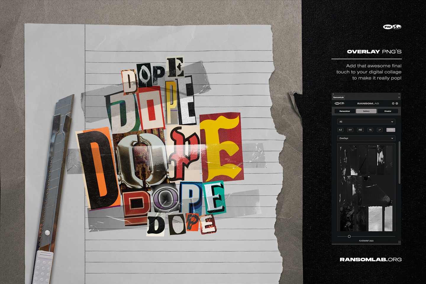 RansomLab collage design featuring transparent overlay PNGs and duct tape textures on a paper background