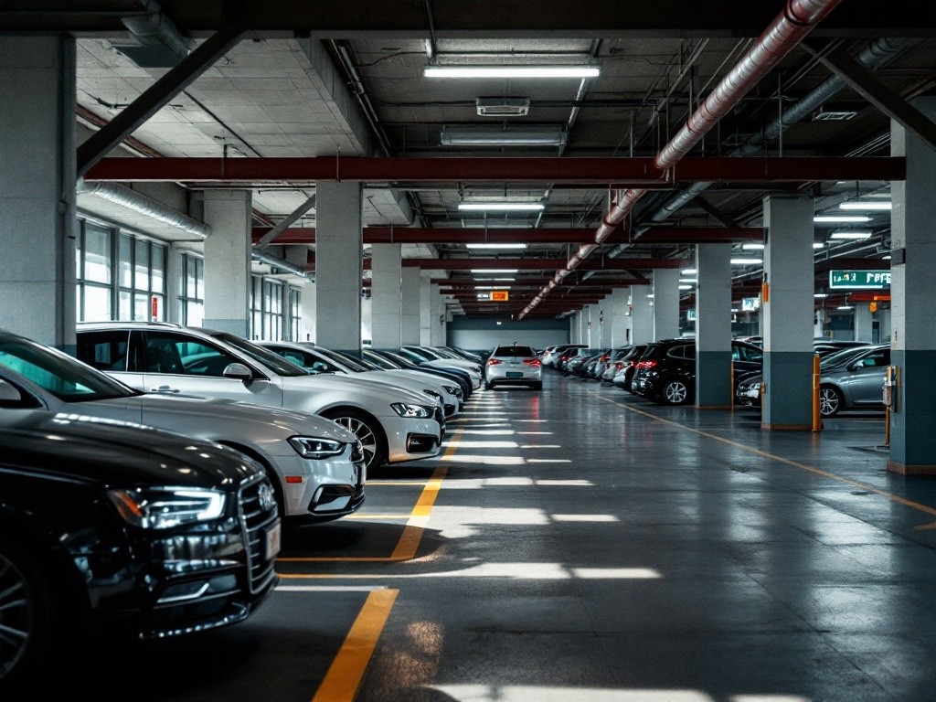 A row of cars parked in a garage