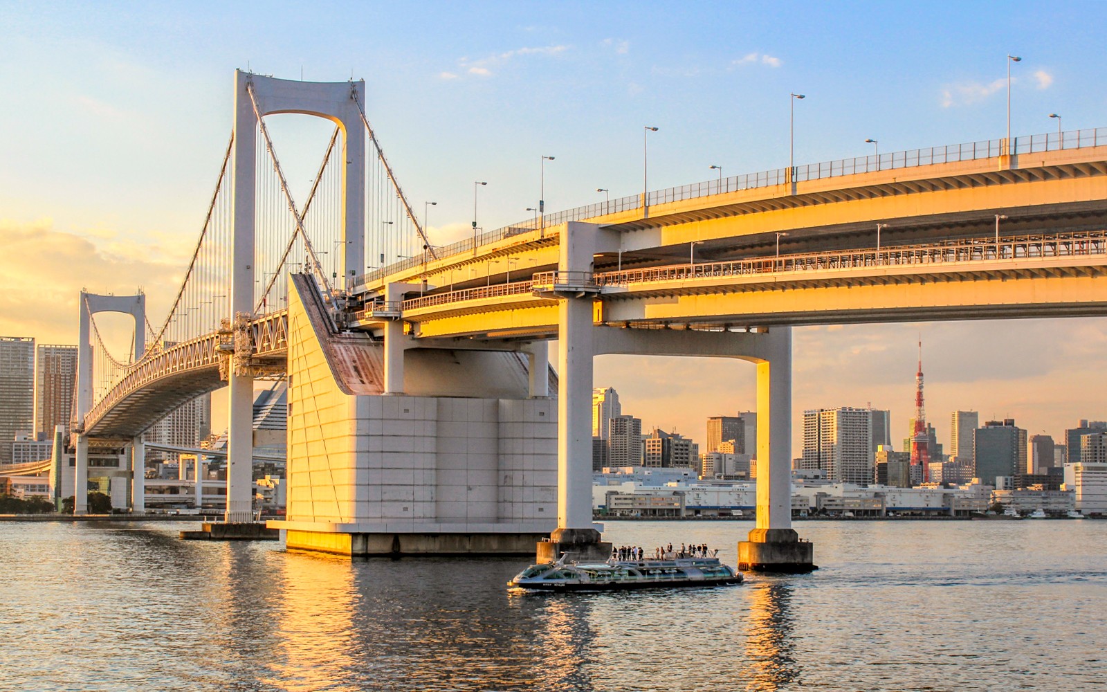 东京湾游船行程，背景是桥梁，展示城市天际线和海滨景色。