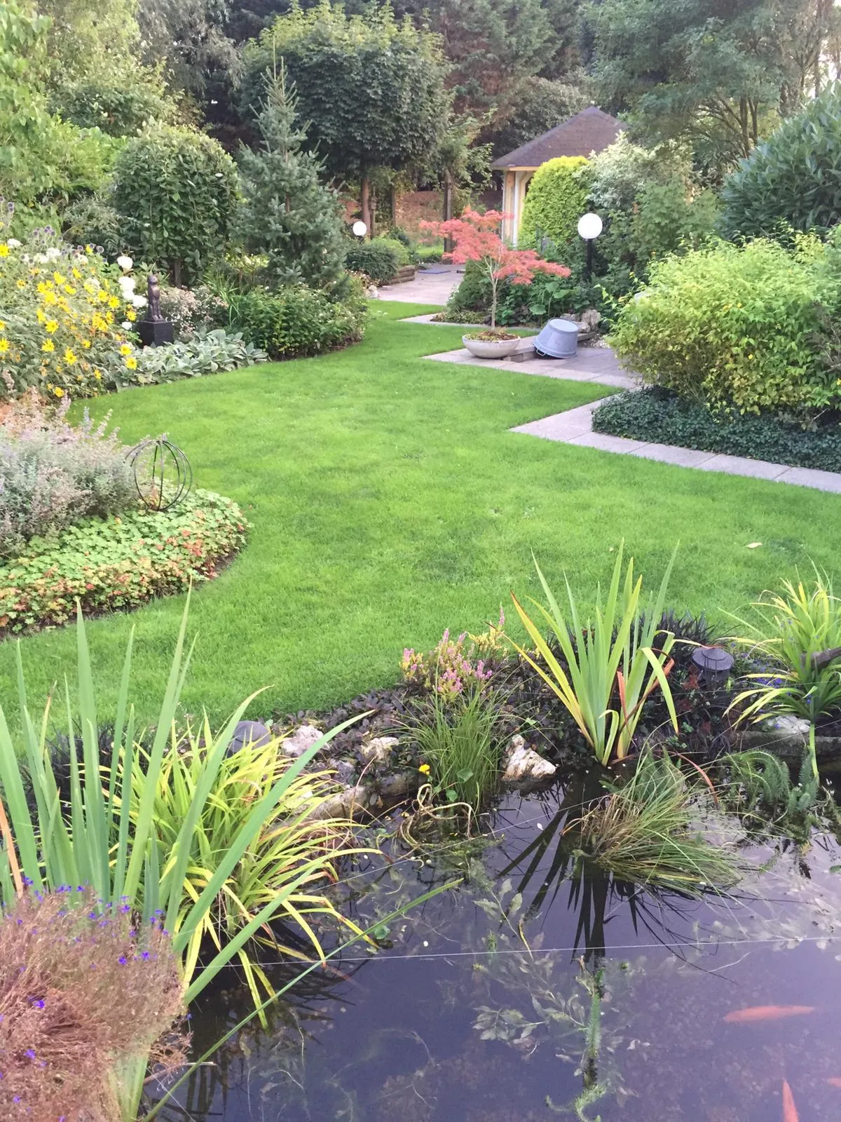 Verzorgde siertuin met strak gazon, borders en gesnoeide struiken na tuinonderhoud in Gorredijk