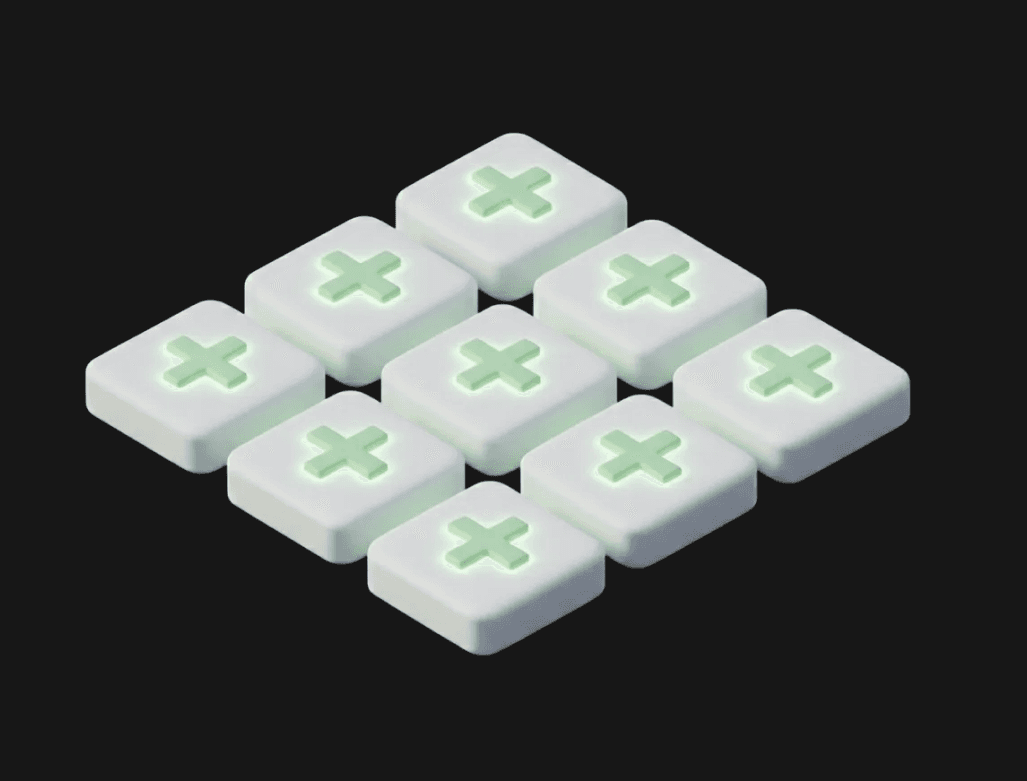 An isometric 3D illustration of a grid of cards with plus buttons