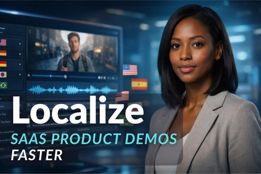 Manajer produk SaaS profesional sedang meninjau antarmuka penerjemah video dengan demonstrasi lokalisasi multibahasa dan alat pengeditan bentuk gelombang di layar