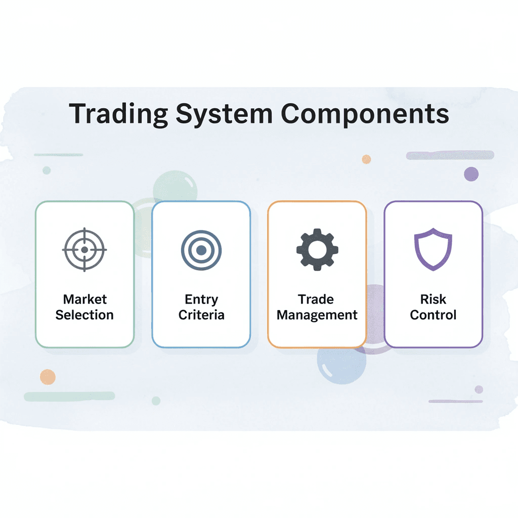 Infographic showing four trading system components with icons