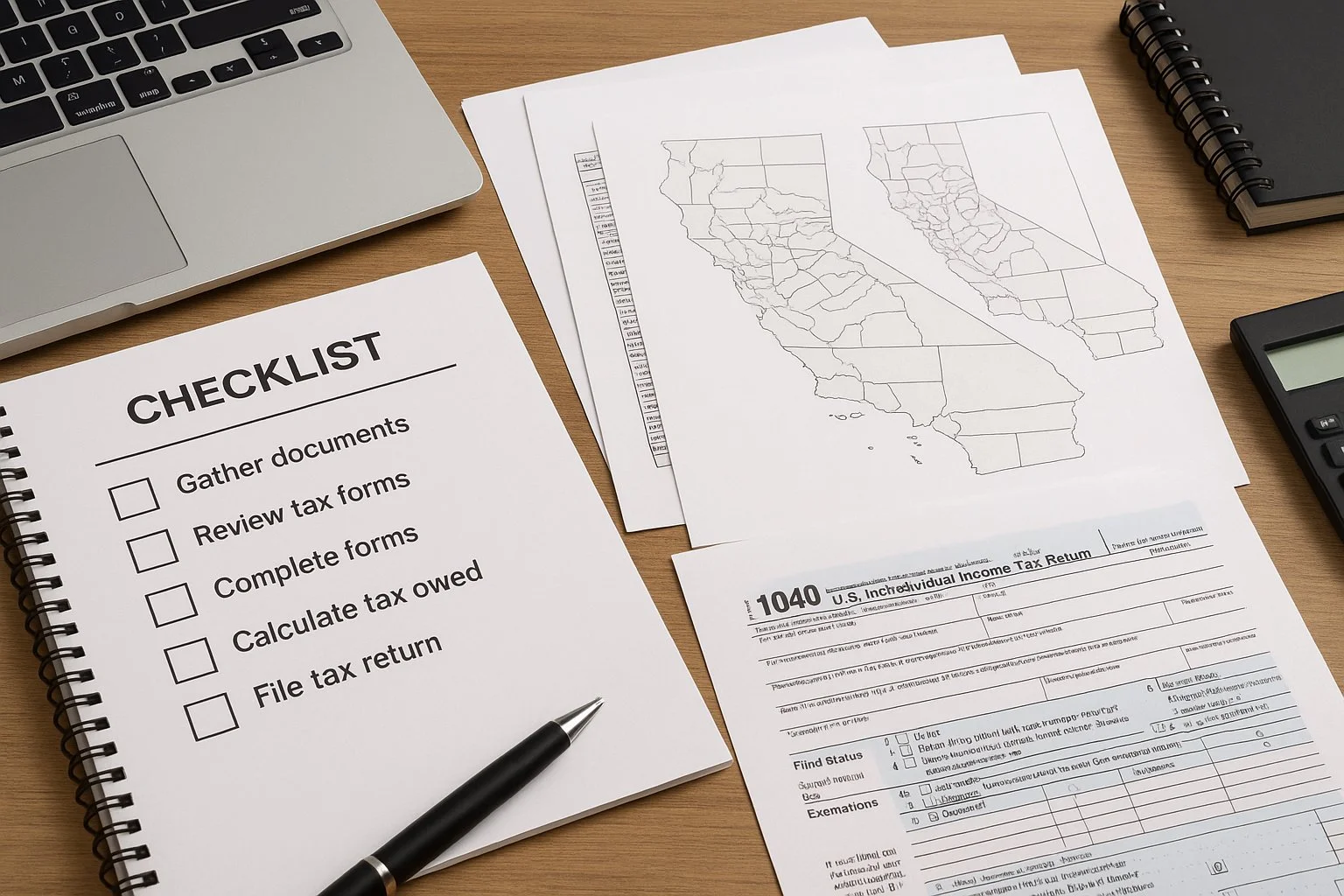 Professional desk with an open checklist, financial spreadsheets, state maps, and tax forms, illustrating the multi-step process of preparing for a PTE election.