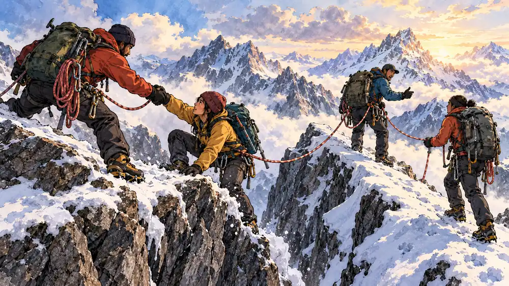 Metaphorical cartoon of an SEO specialist helping a client climb to the top, as if they were mountaineers