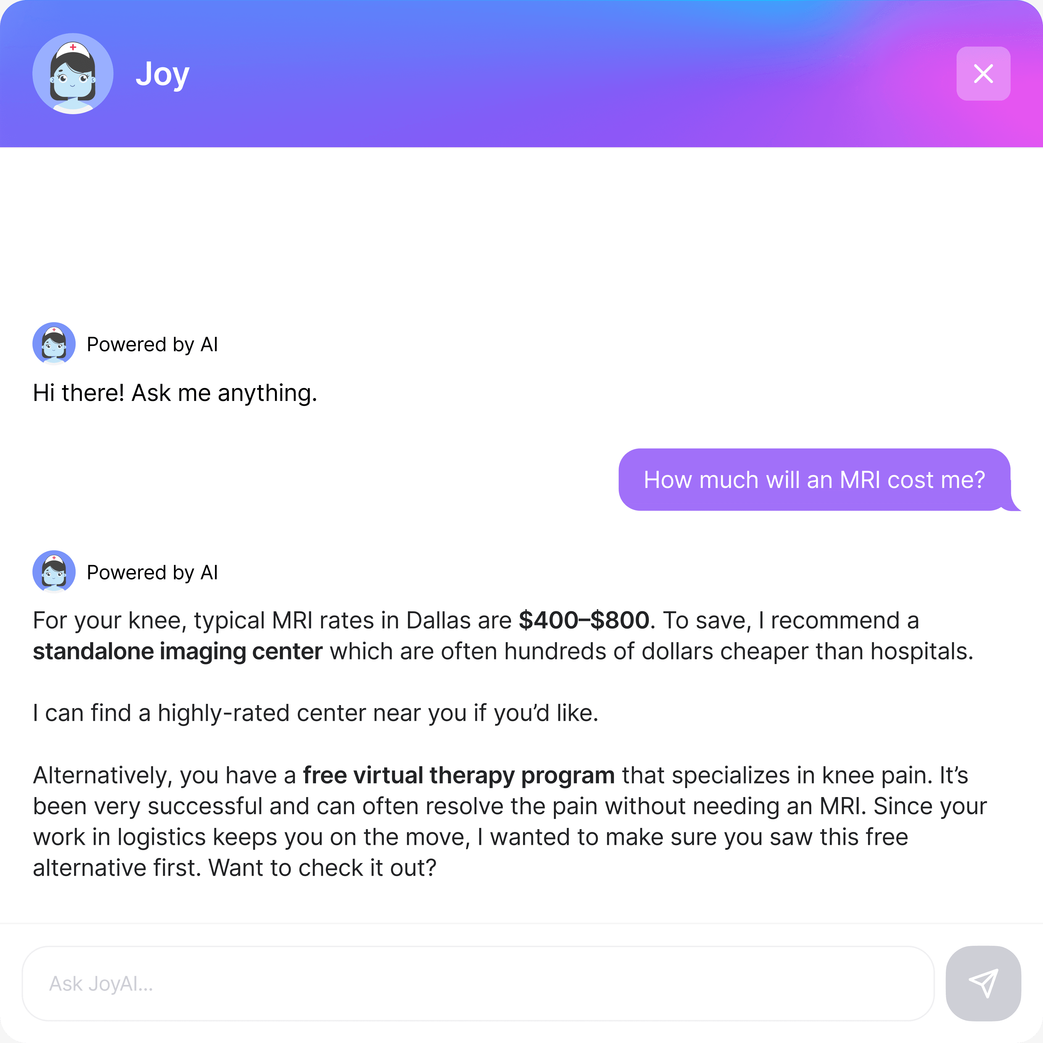 Joy AI steering a member toward a lower-cost MRI in Dallas with a price range and a recommended in-network provider.