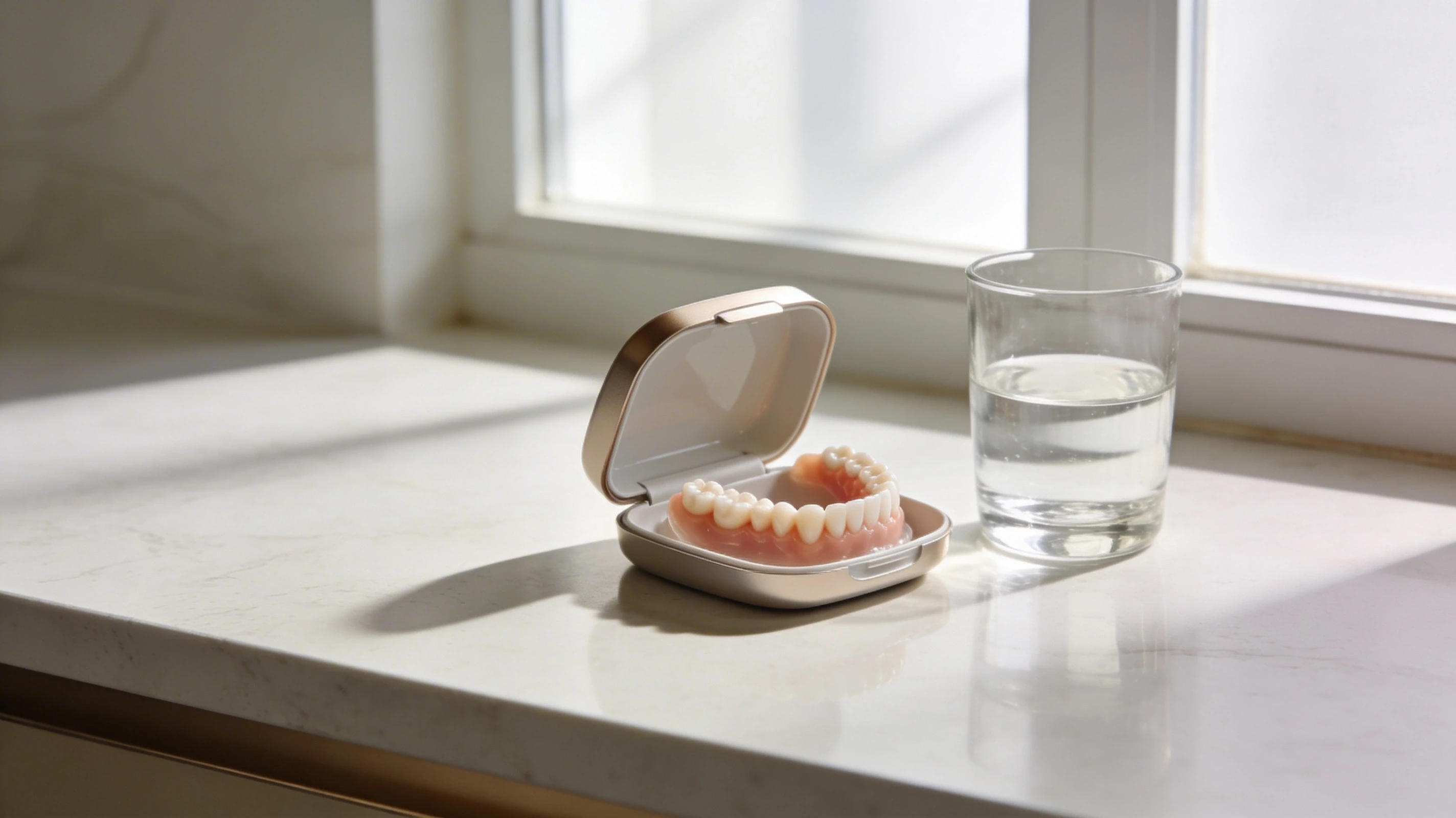 Proteză dentară mobilă într-o cutie, lângă un pahar cu apă, folosită pentru un articol despre proteze care alunecă, apasă sau irită gingia