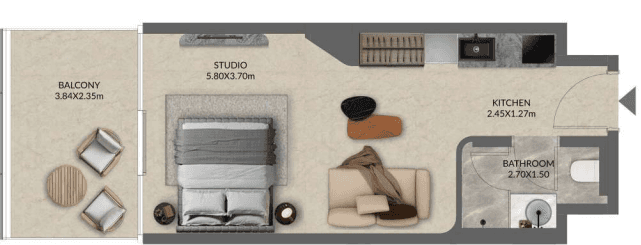 studio  apartment floor plan for Palazzo Tissoli, detailing room arrangement and space allocation.