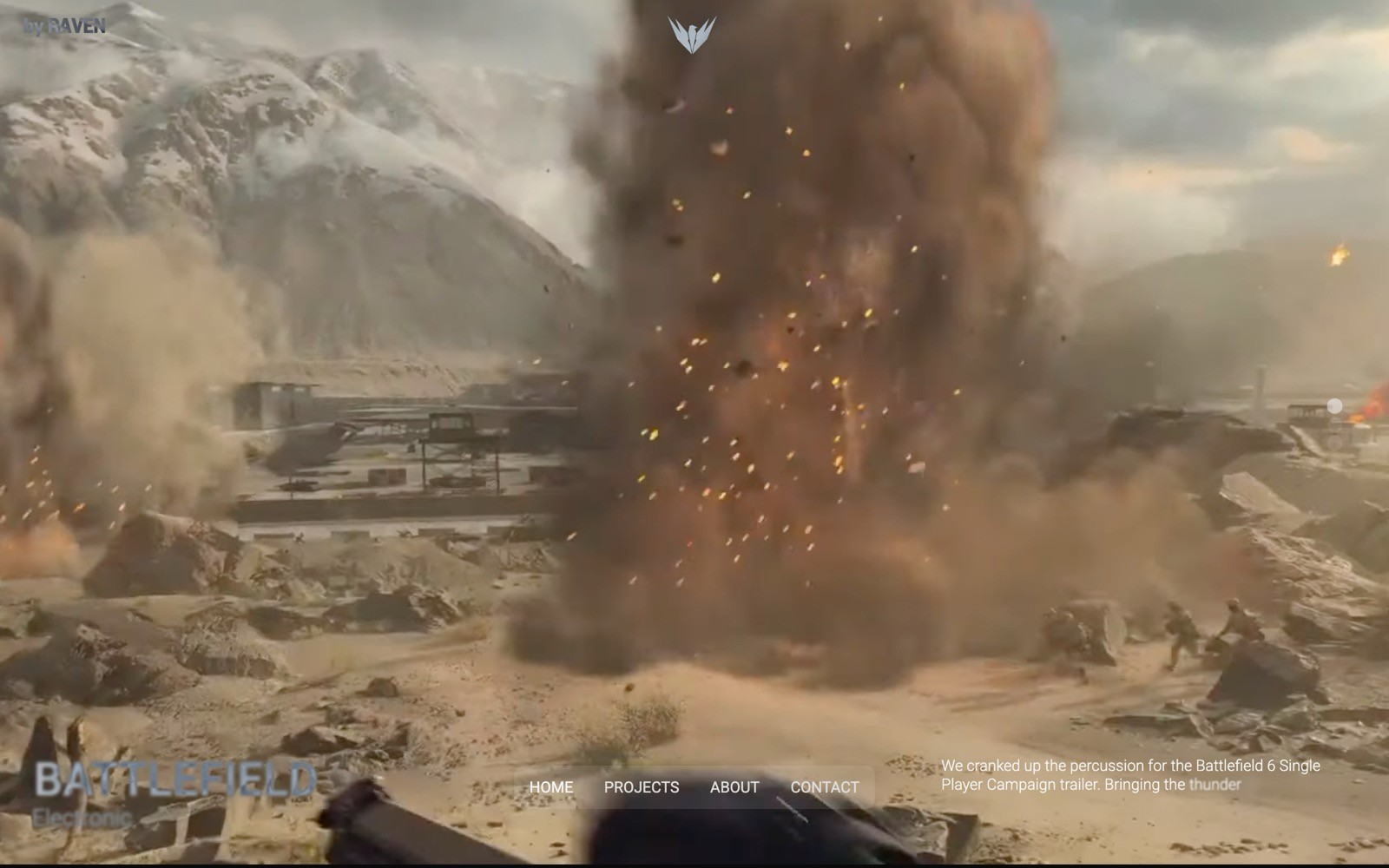 Explosion in a desert landscape with mountains in the background. Text: "BATTLEFIELD", links: Home, Projects, About, Contact.