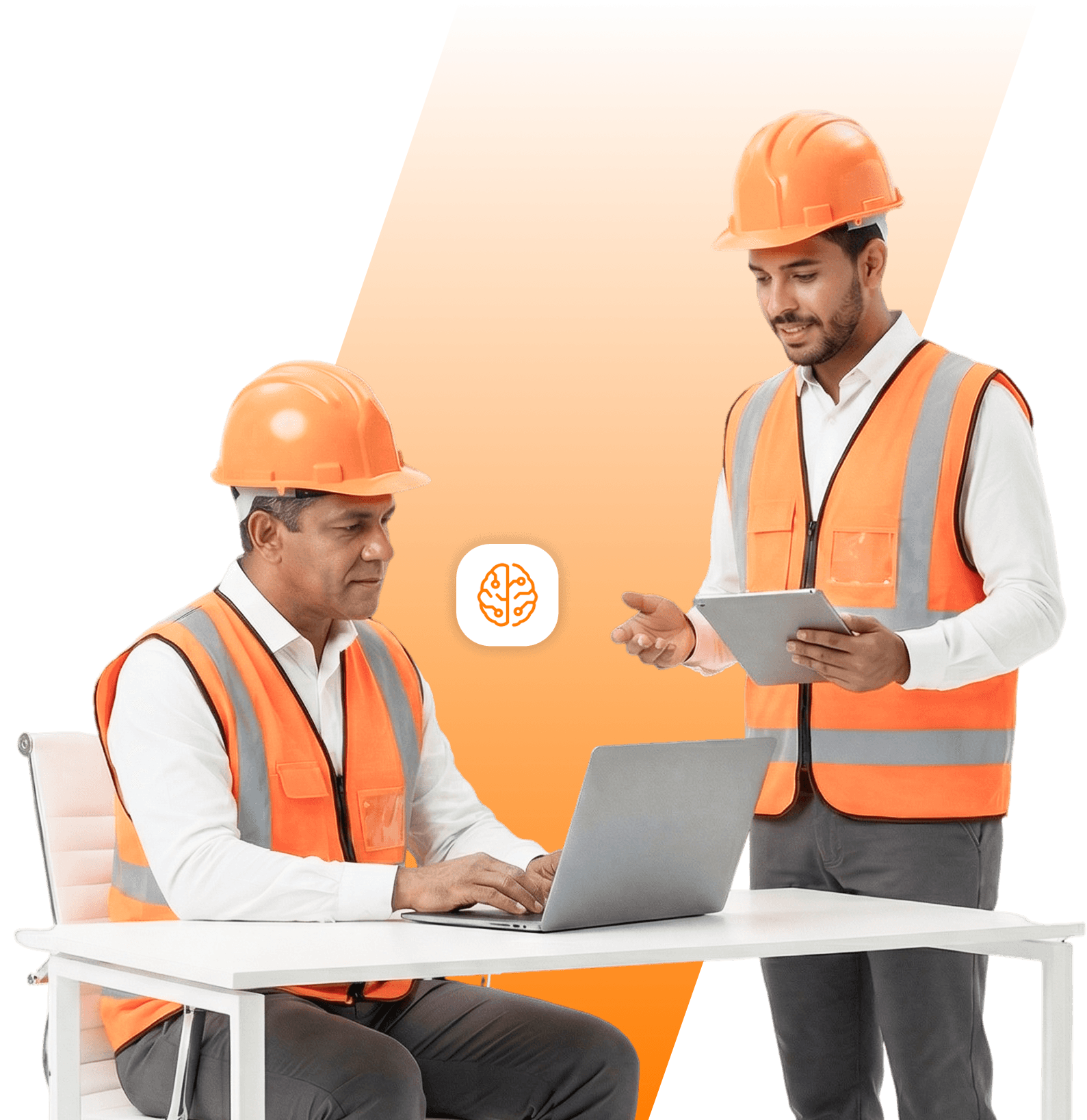 Trabalhador com capacete de segurança, mexendo no telefone, com símbolos do sistema Geequip ao redor