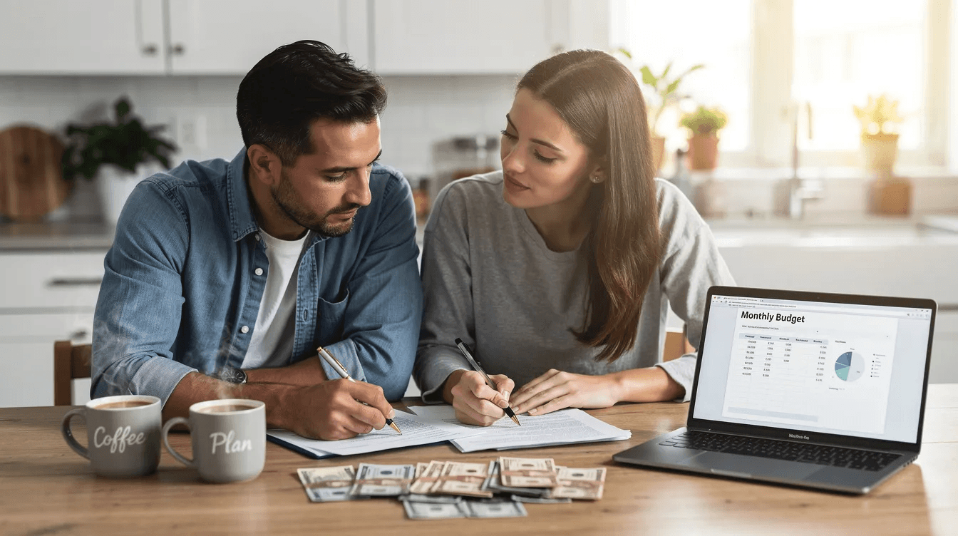A couple sits at a kitchen table, reviewing financial papers alongside a laptop and coffee cups, discussing tax strategies such as tax bracket management and potential deductions to effectively manage their taxable income. The atmosphere is focused and collaborative, reflecting their commitment to understanding their financial situation and planning for future years.