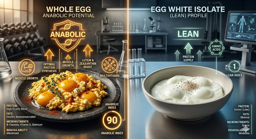 A side-by-side infographic comparing the anabolic potential of whole eggs versus egg whites. The left side (whole eggs) shows golden scrambled eggs with three sunny-side-up yolks labeled 'ANABOLIC' with icons for 'muscle growth,' 'optimal protein synthesis,' 'lutein & zeaxanthin boost,' and 'multivitamin.' An 'Anabolic Index' score of 90 is displayed. The right side (egg whites) shows a bowl of boiled egg whites labeled 'LEAN' with an icon for 'protein supply' and an 'amino acids' chart, along with a 'Lean Index' of 1. Both sides list specific nutrition facts including protein type, fat content, micronutrients, and bioavailability. The image is set in a modern fitness gym laboratory environment.