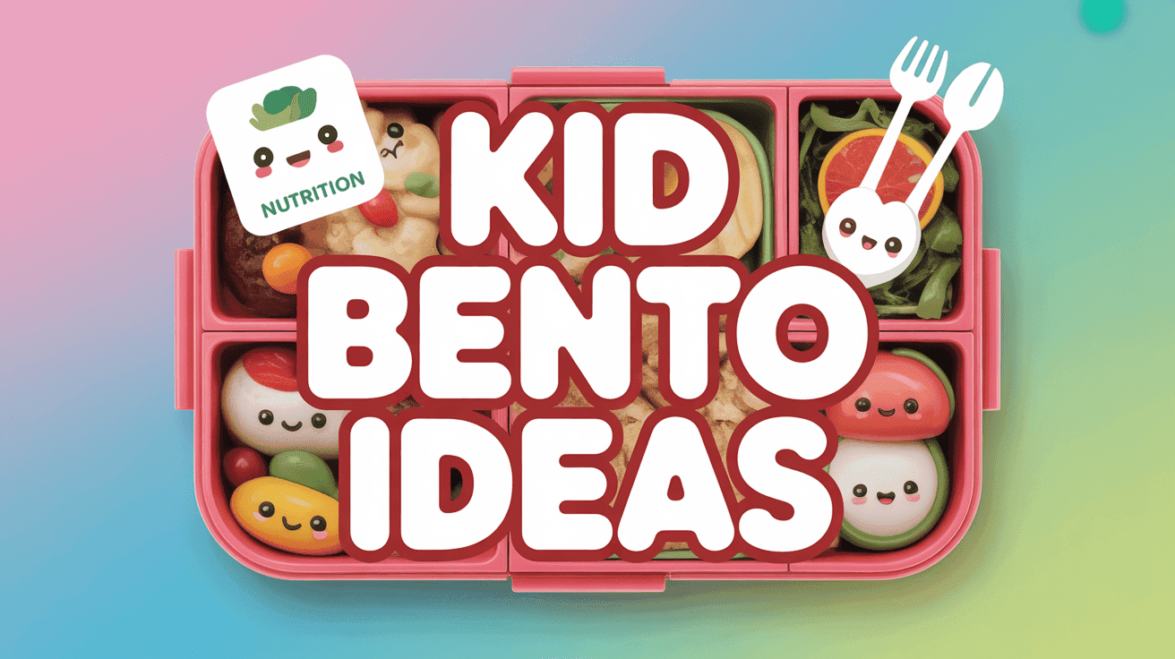 Kid-Friendly Bento Box Thumbnail Template featuring bright bento box with cute food characters, nutrition badge overlays and utensil icons