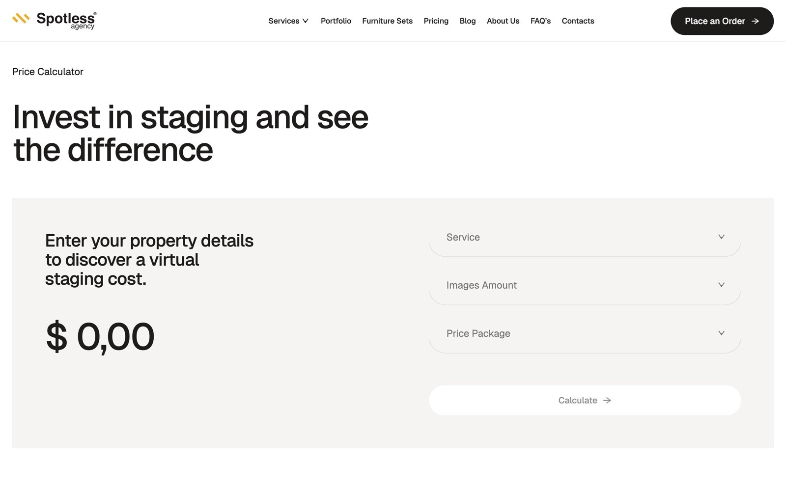 Price calculator page with "Invest in staging and see the difference" text, dropdown menus for service, image amount, and price package.