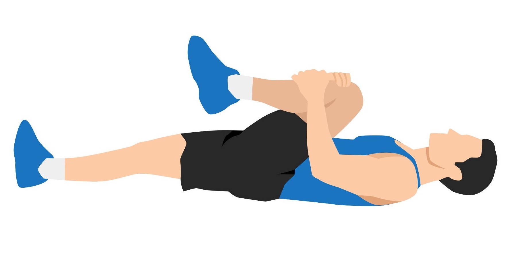 An illustration of a person lying on their back performing a single knee-to-chest stretch, pulling one knee toward their torso while the other leg remains extended.