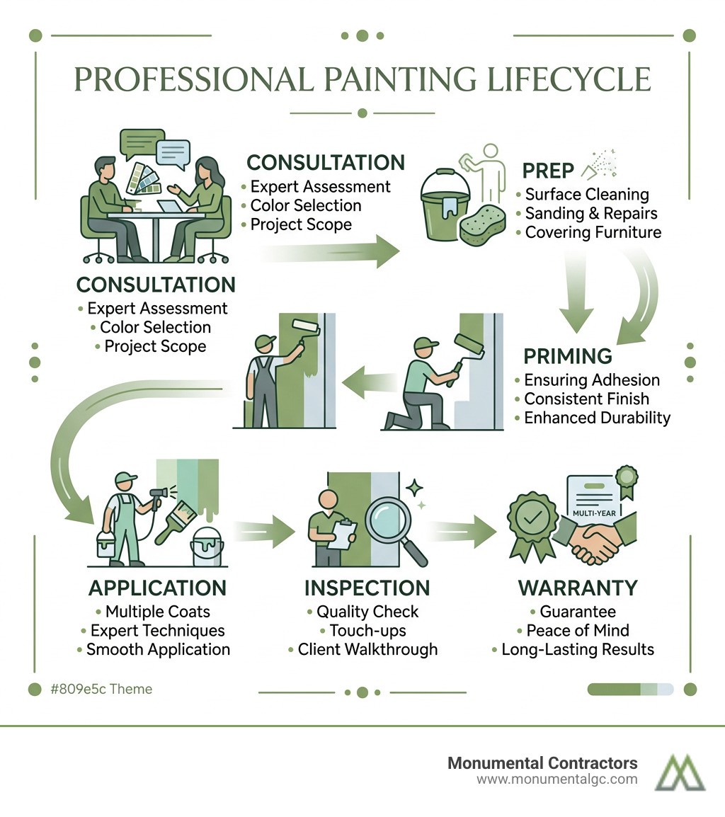 Professional painting lifecycle infographic: consultation, prep, priming, application, inspection, warranty - professional