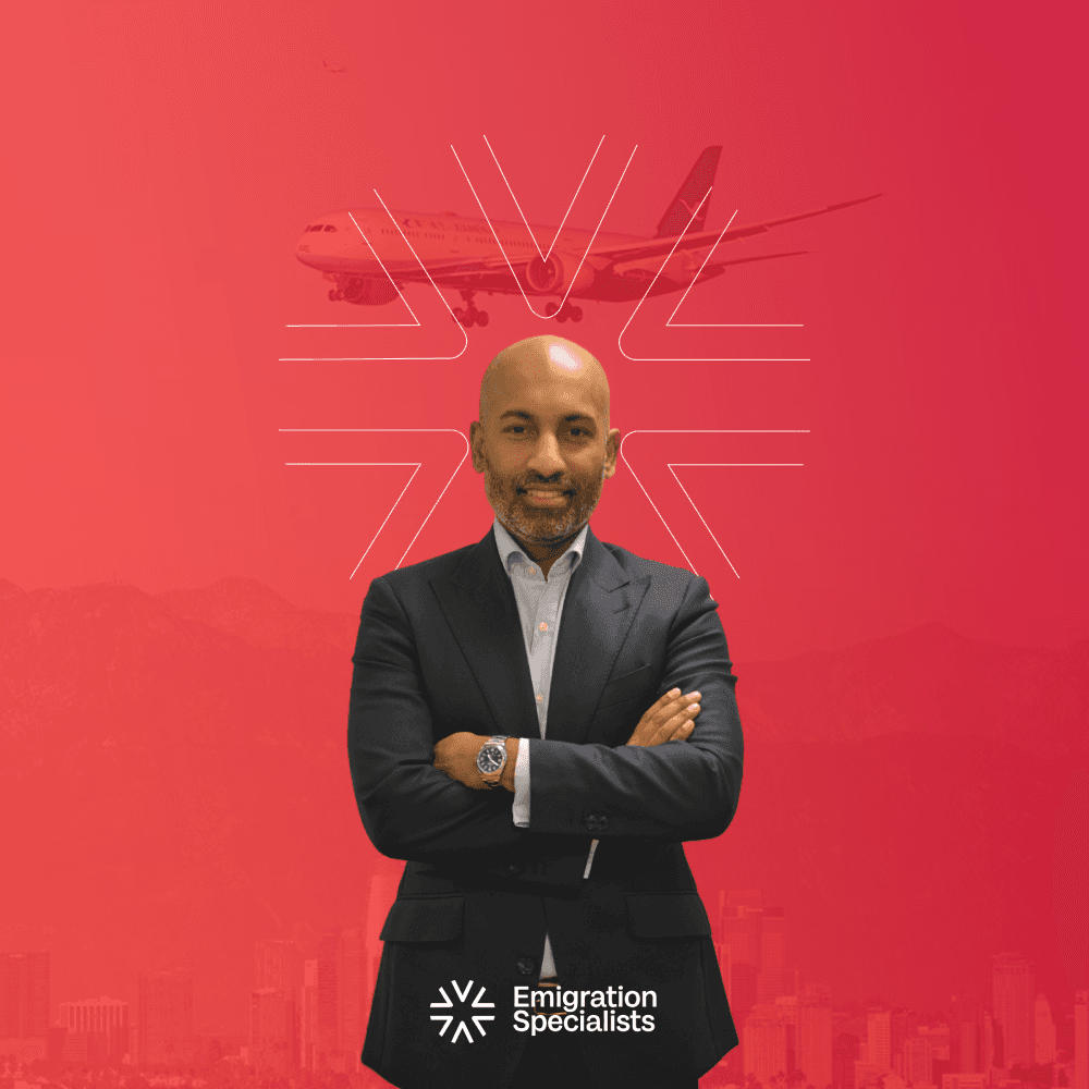 Professional immigration consultant, Richard Werkman standing in front of a red background with an airplane and the Emigration Specialists logo.